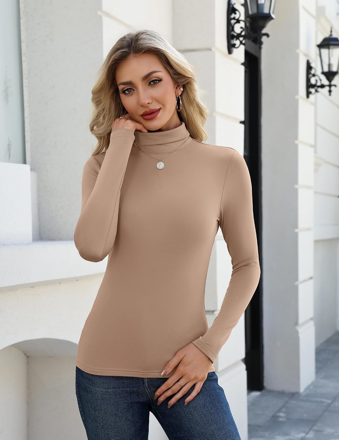 image:imageZeagoo Long Sleeve Mock Neck Tops Slim Fit Shirt Fleece Lined Thermal TeeKhaki