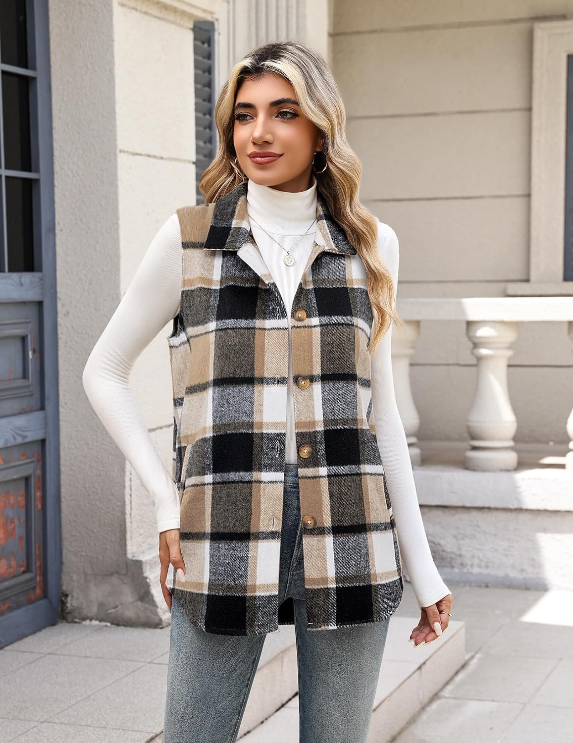 image:imageZeagoo Plaid Vest for Women Flannel Jackets Sleeveless Button Down ShirtsBrowngz794