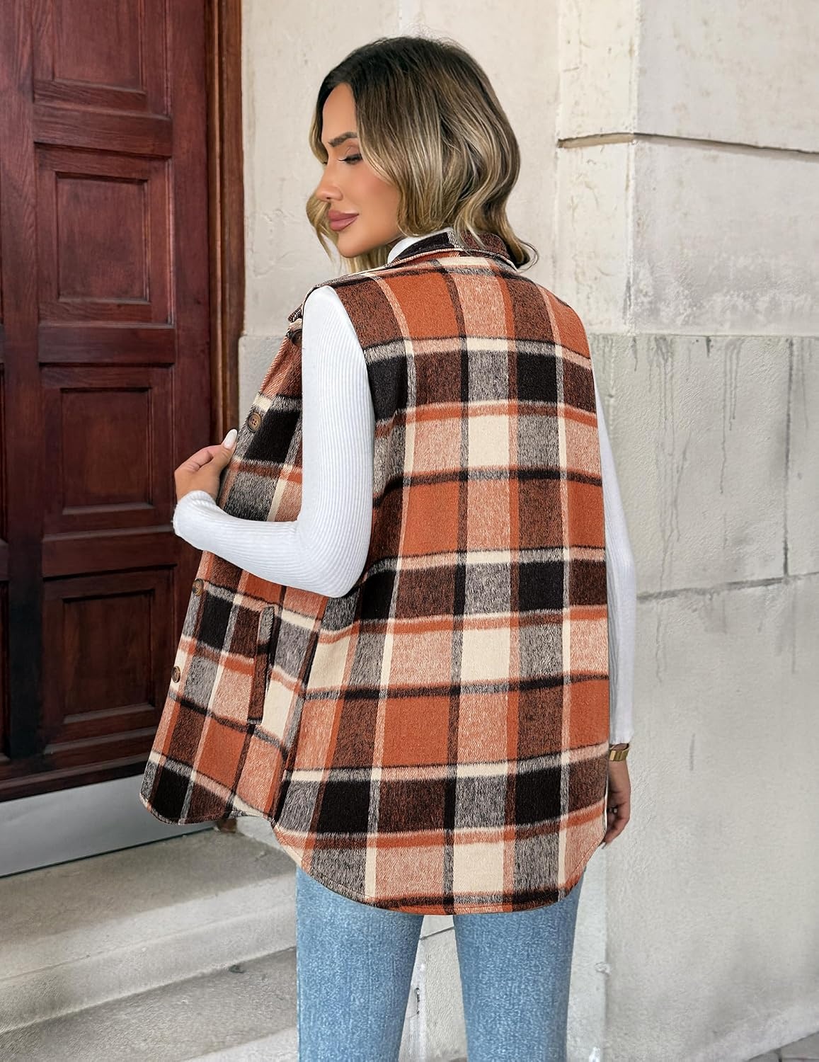 image:imageZeagoo Plaid Vest for Women Flannel Jackets Sleeveless Button Down ShirtsOrangegz526