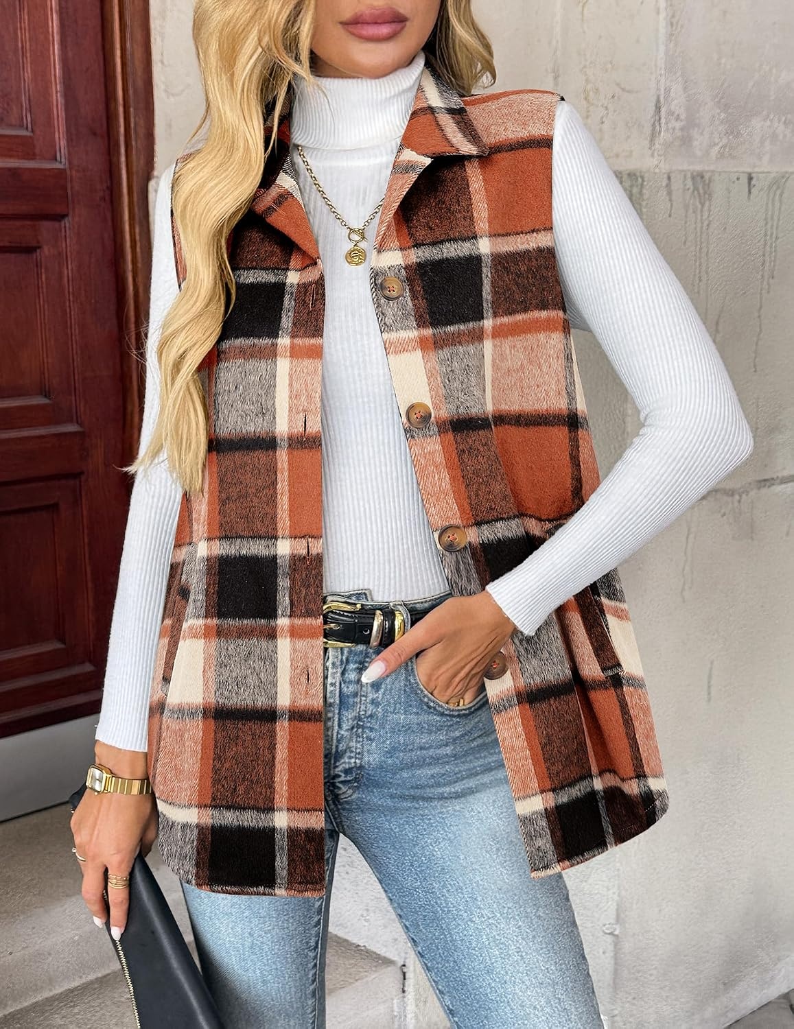 image:imageZeagoo Plaid Vest for Women Flannel Jackets Sleeveless Button Down ShirtsOrangegz526