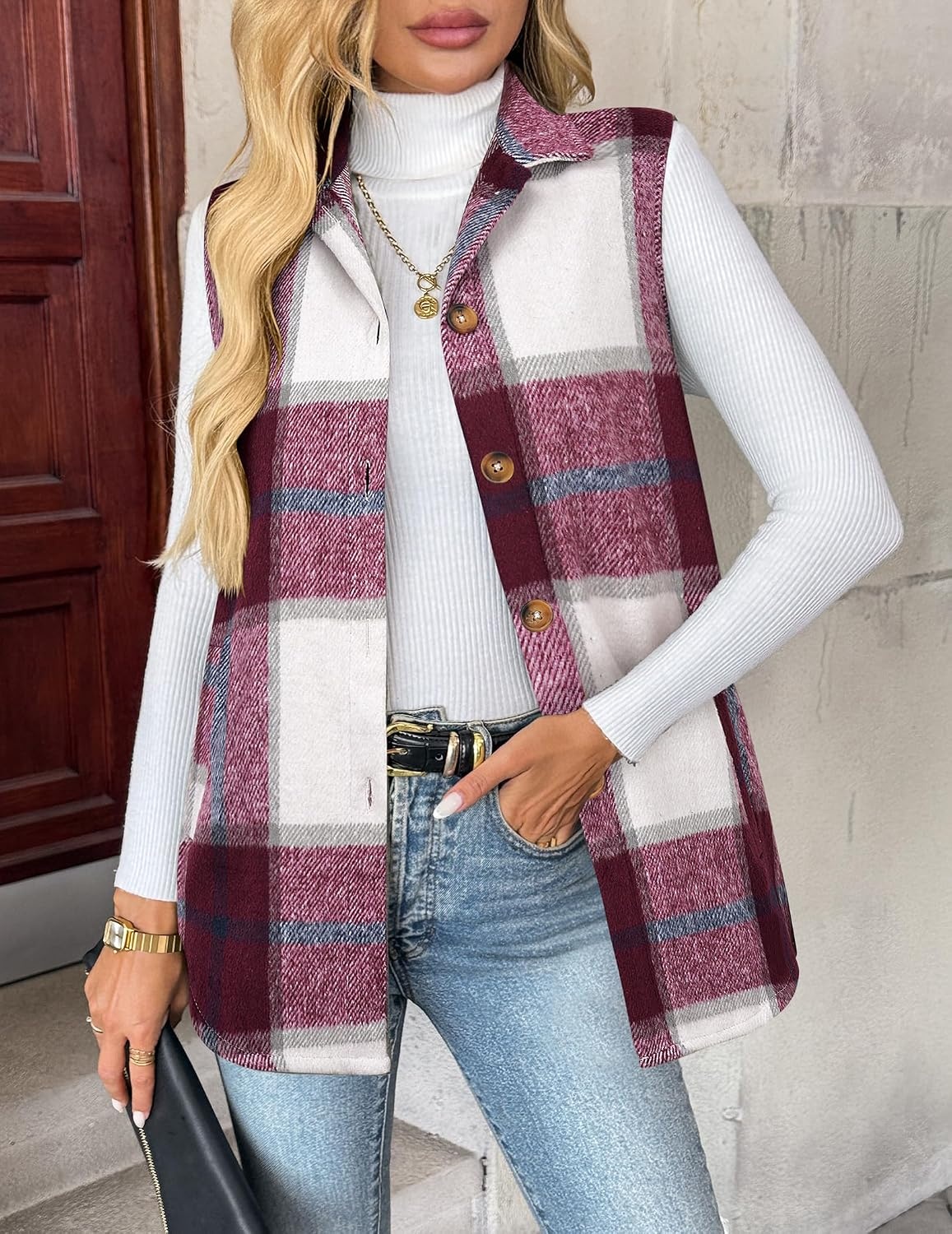 image:imageZeagoo Plaid Vest for Women Flannel Jackets Sleeveless Button Down ShirtsRedgz543