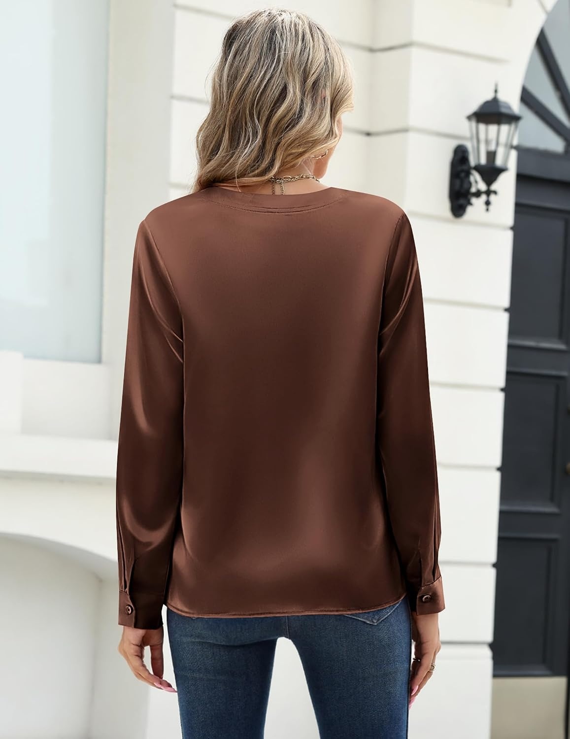 image:imageZeagoo Satin Blouses for Women Silk Tops Long Sleeve Shirts Fall ClothesAbrown