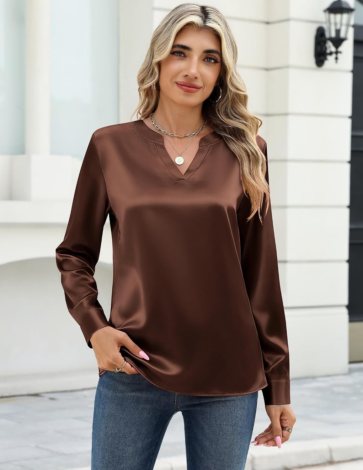 image:imageZeagoo Satin Blouses for Women Silk Tops Long Sleeve Shirts Fall ClothesAbrown