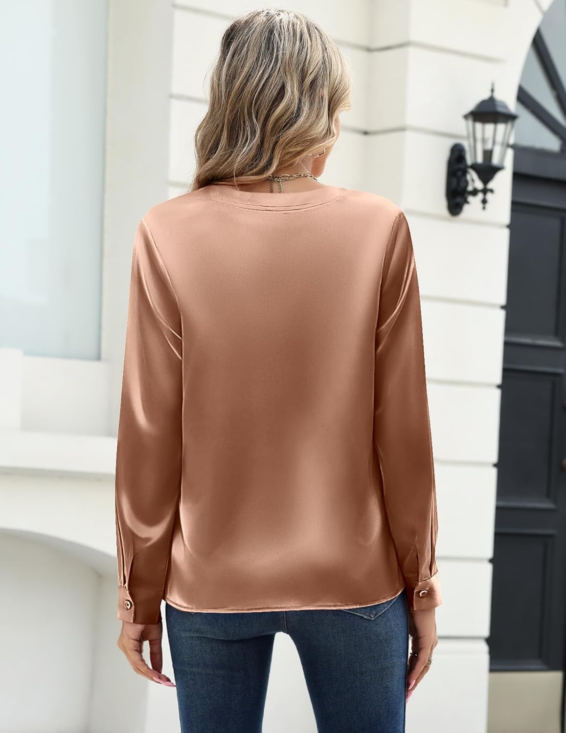 image:imageZeagoo Satin Blouses for Women Silk Tops Long Sleeve Shirts Fall ClothesAlight Khaki
