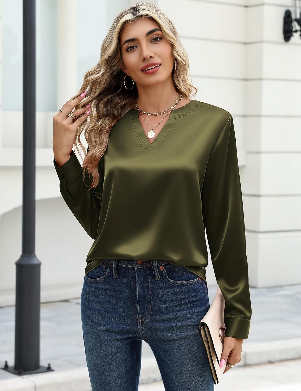 image:imageZeagoo Satin Blouses for Women Silk Tops Long Sleeve Shirts Fall ClothesArmy Green
