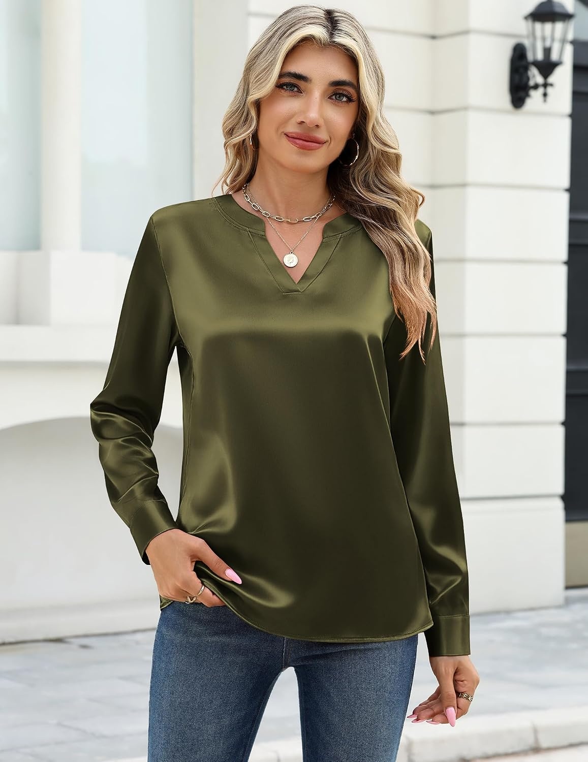 image:imageZeagoo Satin Blouses for Women Silk Tops Long Sleeve Shirts Fall ClothesArmy Green