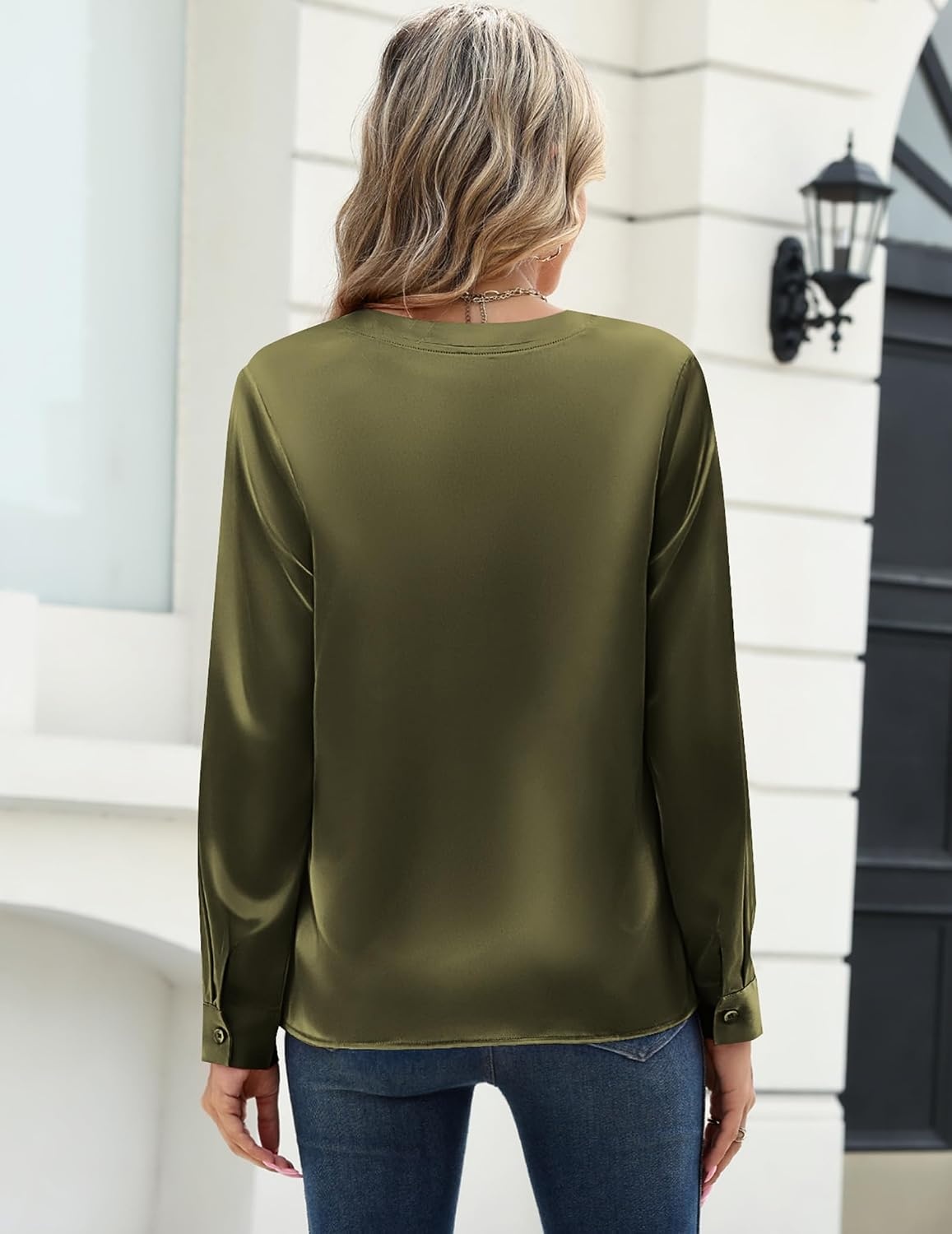 image:imageZeagoo Satin Blouses for Women Silk Tops Long Sleeve Shirts Fall ClothesArmy Green