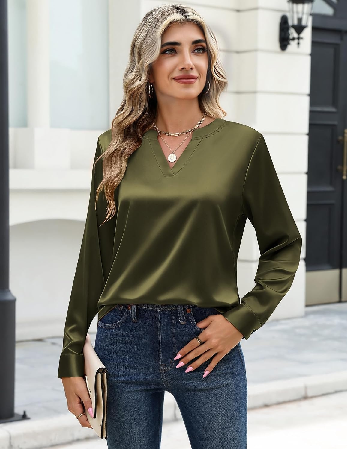 image:imageZeagoo Satin Blouses for Women Silk Tops Long Sleeve Shirts Fall ClothesArmy Green