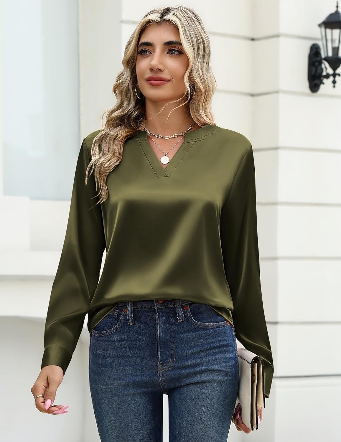 image:imageZeagoo Satin Blouses for Women Silk Tops Long Sleeve Shirts Fall ClothesArmy Green
