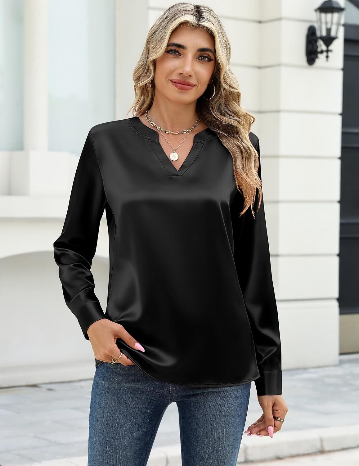 image:imageZeagoo Satin Blouses for Women Silk Tops Long Sleeve Shirts Fall ClothesBlack