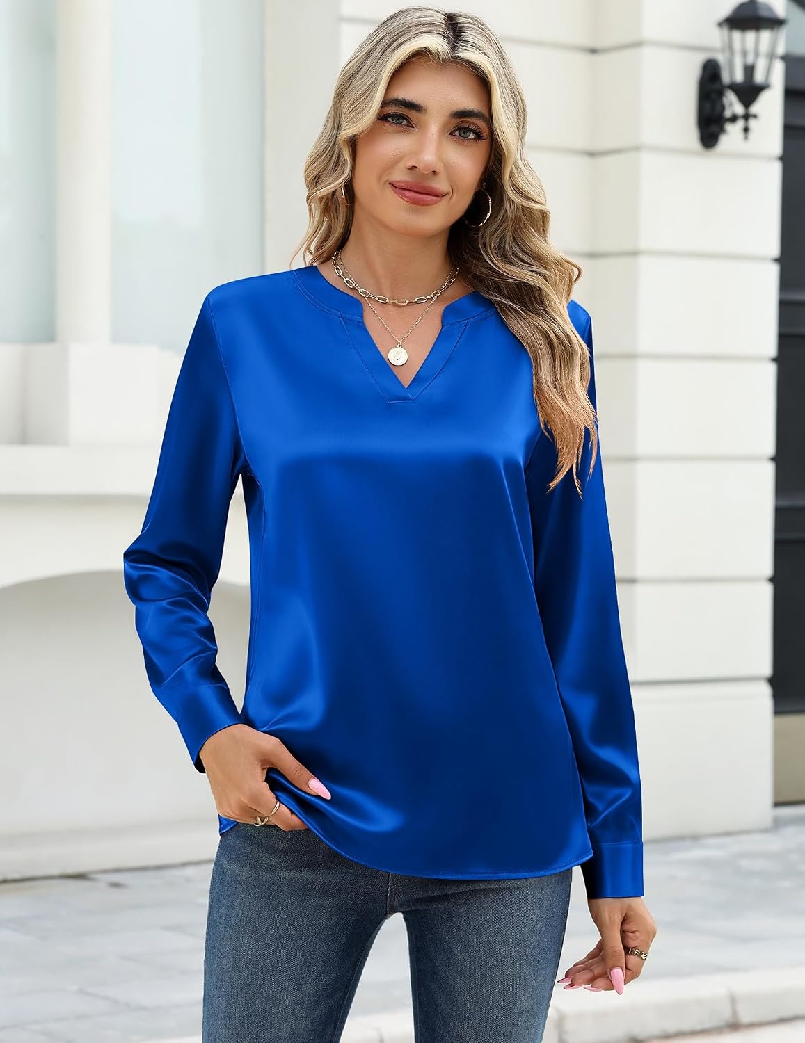 image:imageZeagoo Satin Blouses for Women Silk Tops Long Sleeve Shirts Fall ClothesBlue