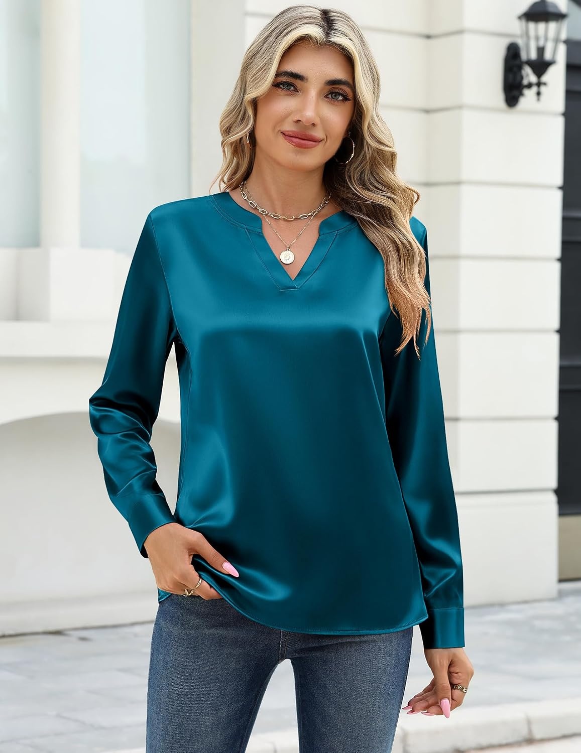 image:imageZeagoo Satin Blouses for Women Silk Tops Long Sleeve Shirts Fall ClothesBlue Green
