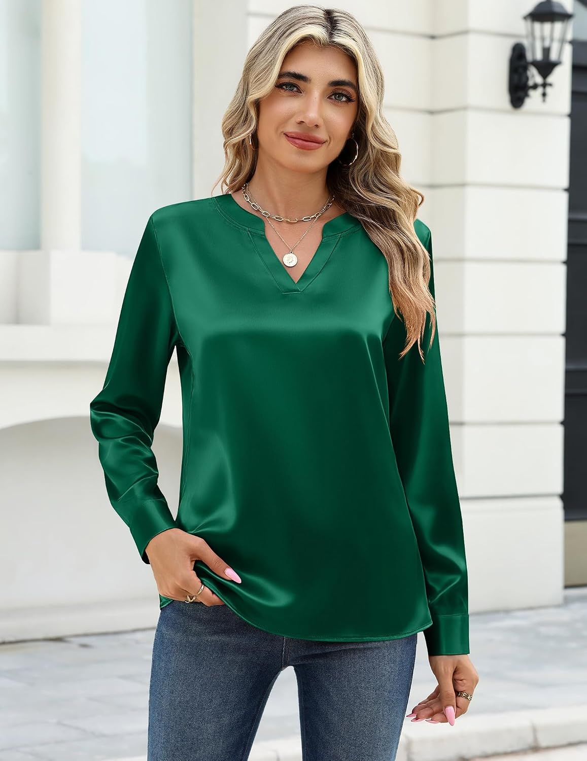 image:imageZeagoo Satin Blouses for Women Silk Tops Long Sleeve Shirts Fall ClothesGreen