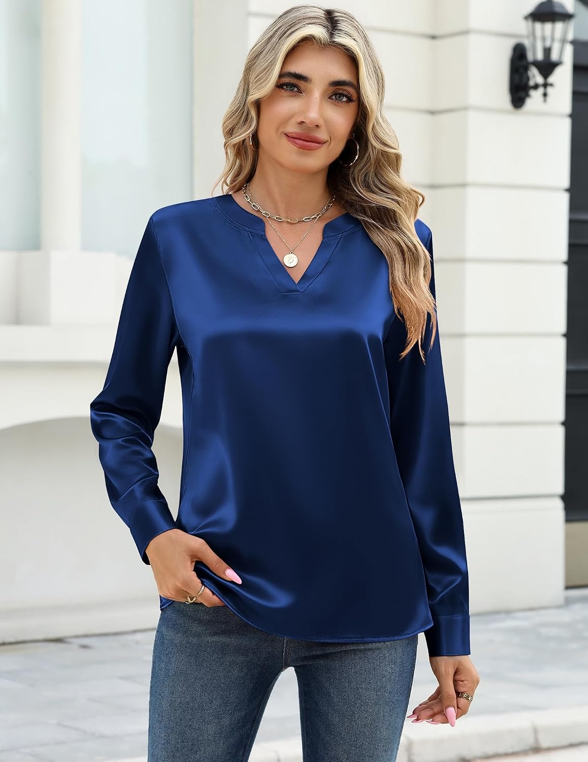 image:imageZeagoo Satin Blouses for Women Silk Tops Long Sleeve Shirts Fall ClothesNavy Blue