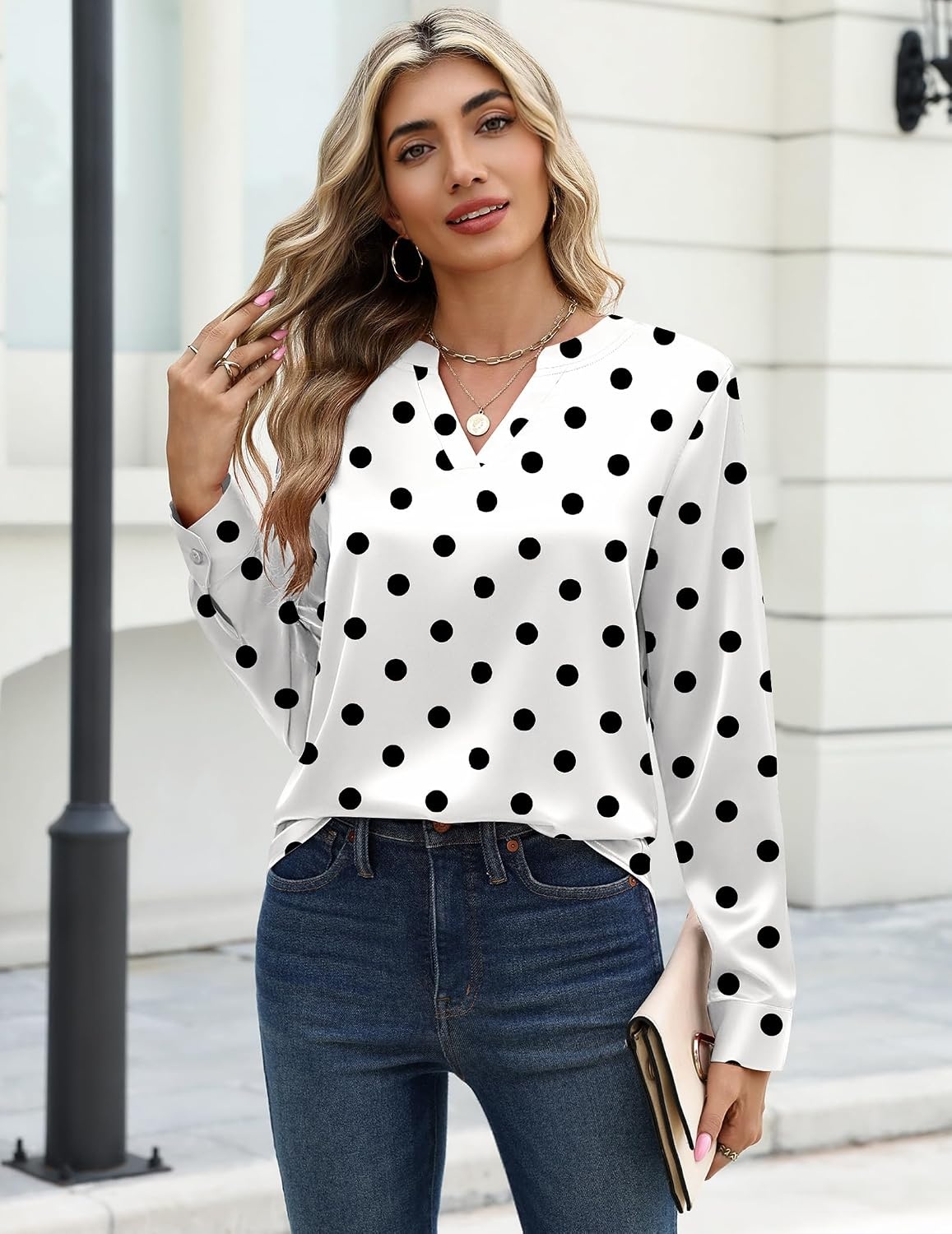 image:imageZeagoo Satin Blouses for Women Silk Tops Long Sleeve Shirts Fall ClothesPolka Dots