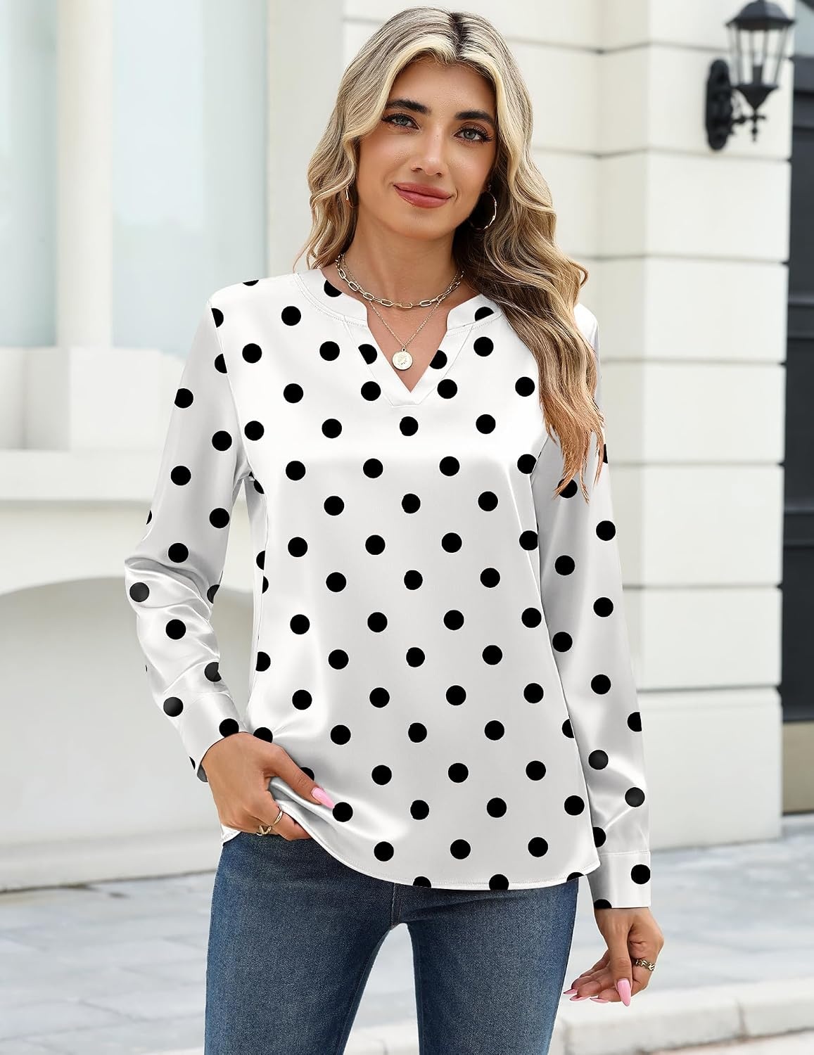 image:imageZeagoo Satin Blouses for Women Silk Tops Long Sleeve Shirts Fall ClothesPolka Dots