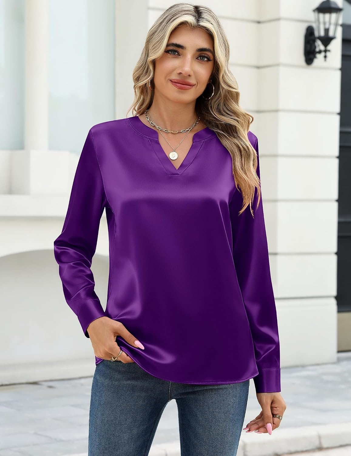 image:imageZeagoo Satin Blouses for Women Silk Tops Long Sleeve Shirts Fall ClothesPurple