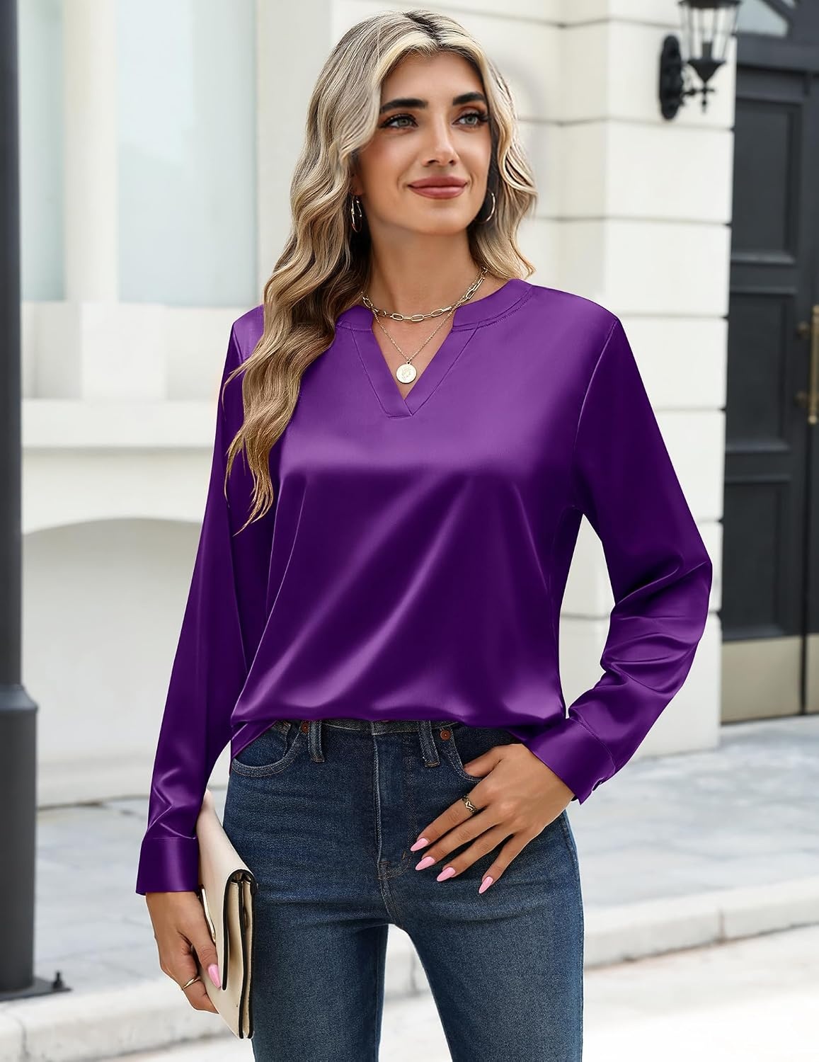 image:imageZeagoo Satin Blouses for Women Silk Tops Long Sleeve Shirts Fall ClothesPurple