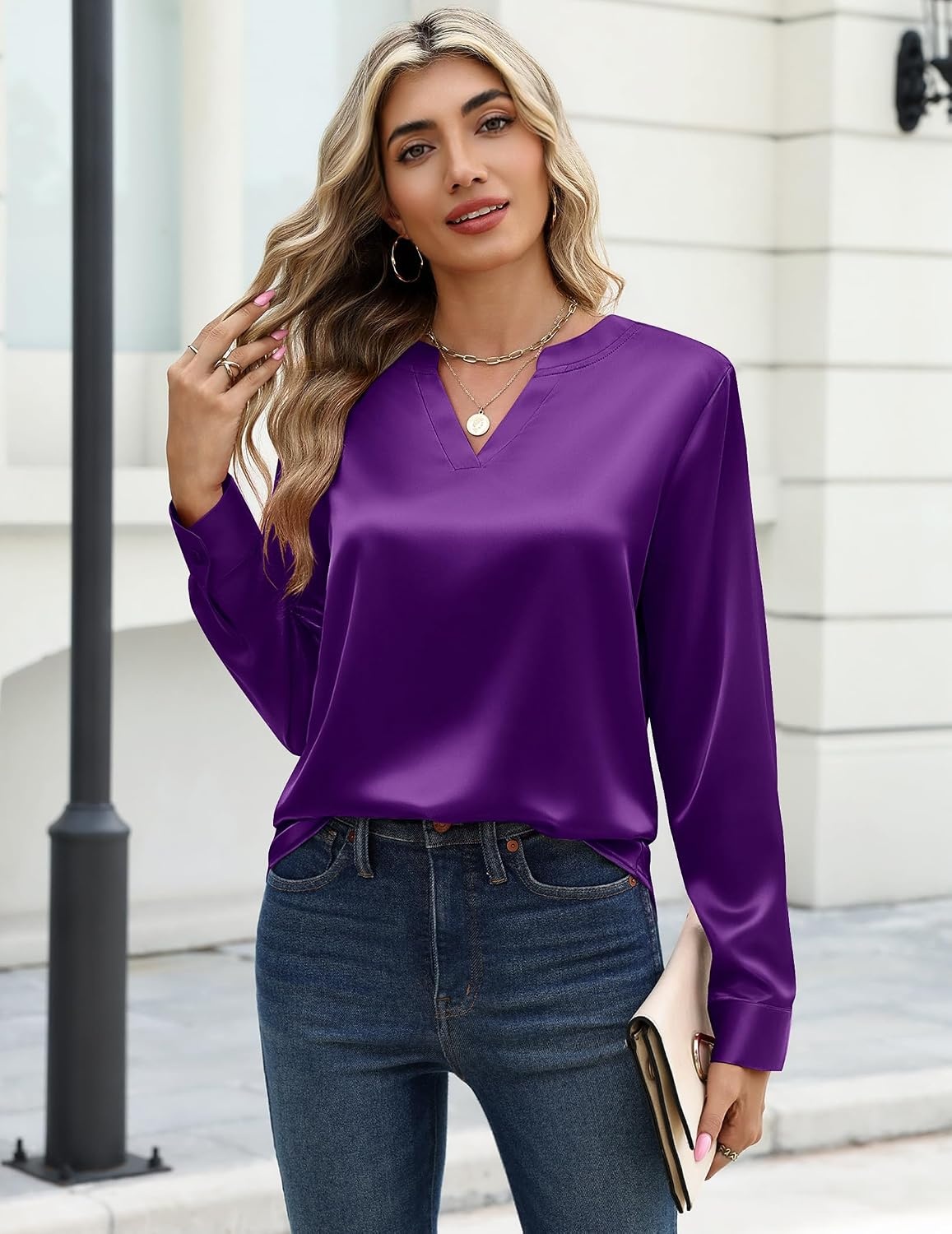 image:imageZeagoo Satin Blouses for Women Silk Tops Long Sleeve Shirts Fall ClothesPurple