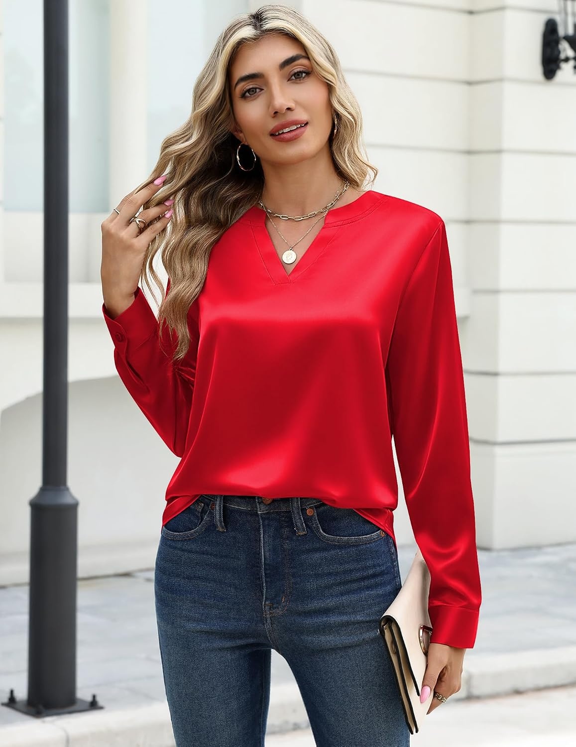 image:imageZeagoo Satin Blouses for Women Silk Tops Long Sleeve Shirts Fall ClothesRed