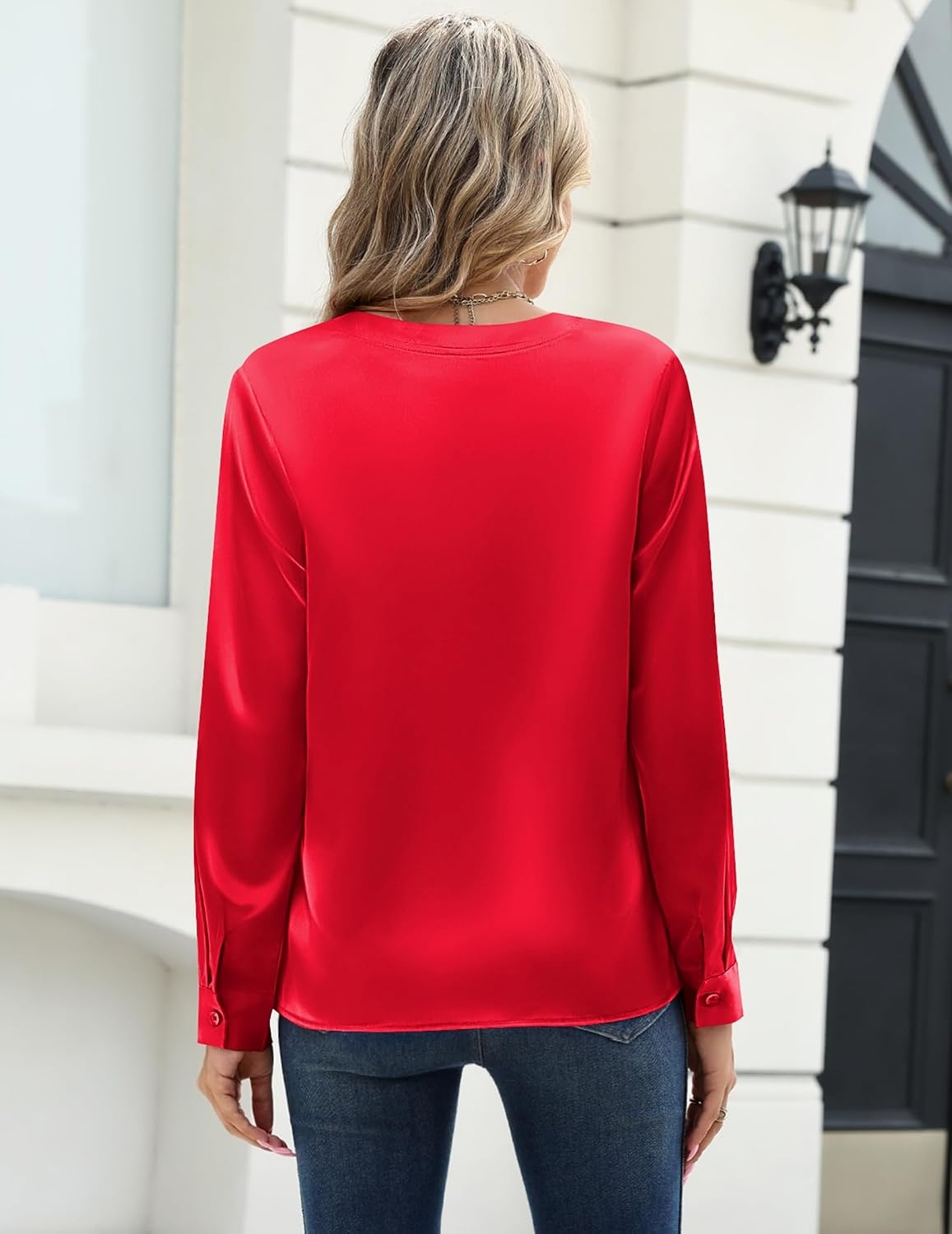 image:imageZeagoo Satin Blouses for Women Silk Tops Long Sleeve Shirts Fall ClothesRed