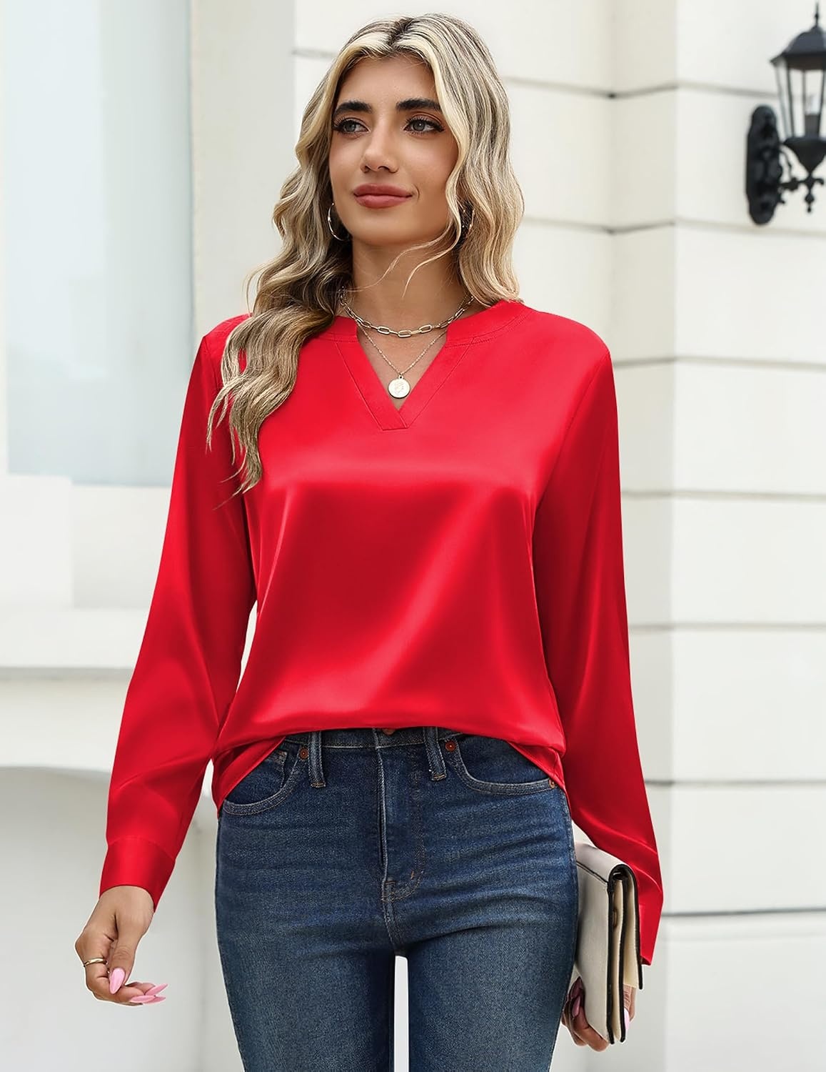 image:imageZeagoo Satin Blouses for Women Silk Tops Long Sleeve Shirts Fall ClothesRed