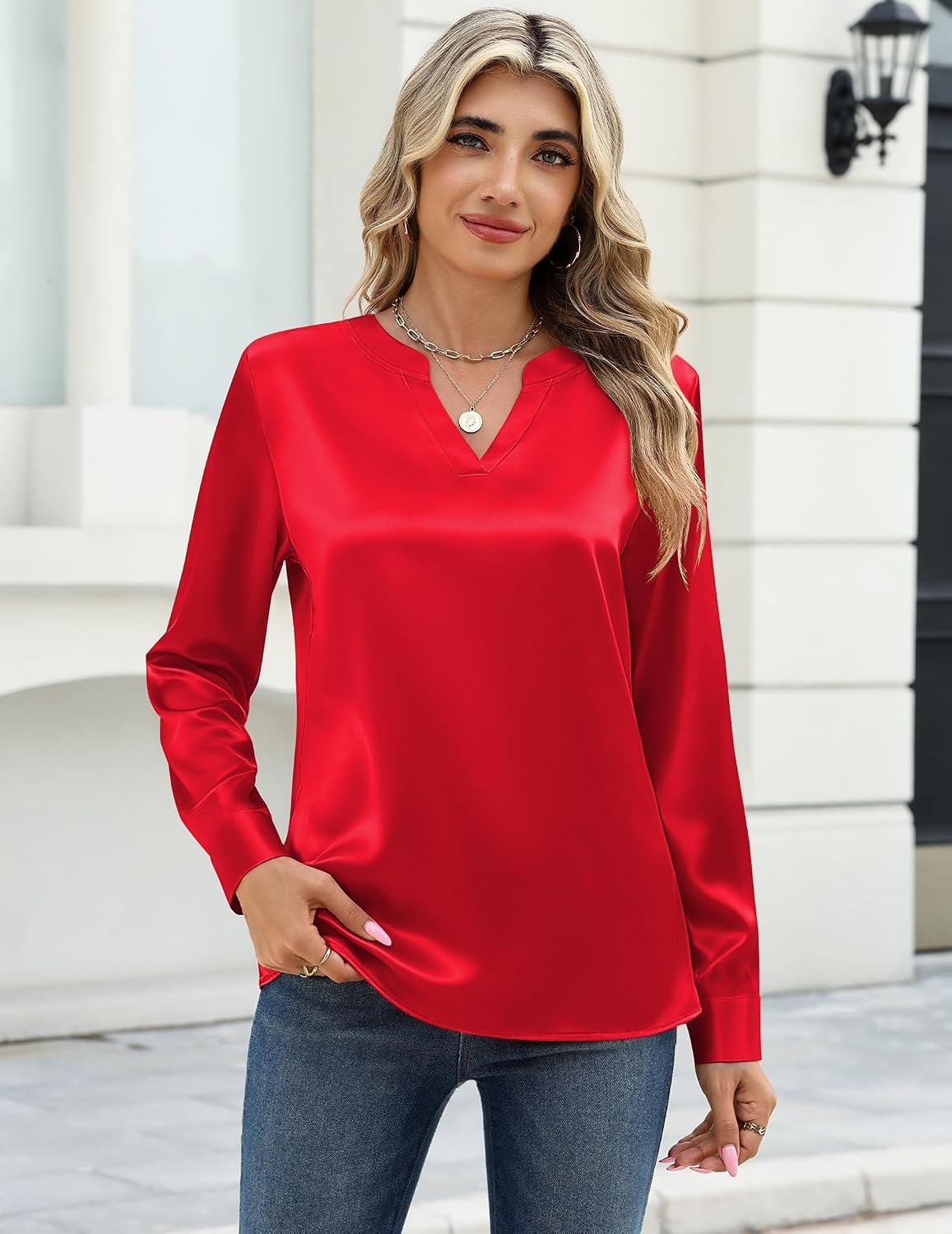 image:imageZeagoo Satin Blouses for Women Silk Tops Long Sleeve Shirts Fall ClothesRed