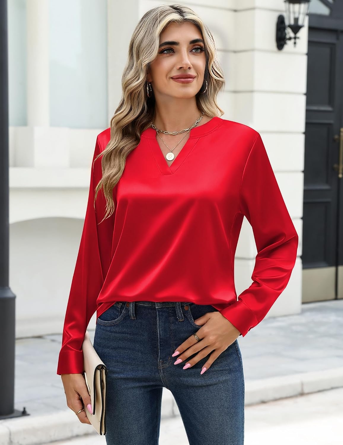 image:imageZeagoo Satin Blouses for Women Silk Tops Long Sleeve Shirts Fall ClothesRed