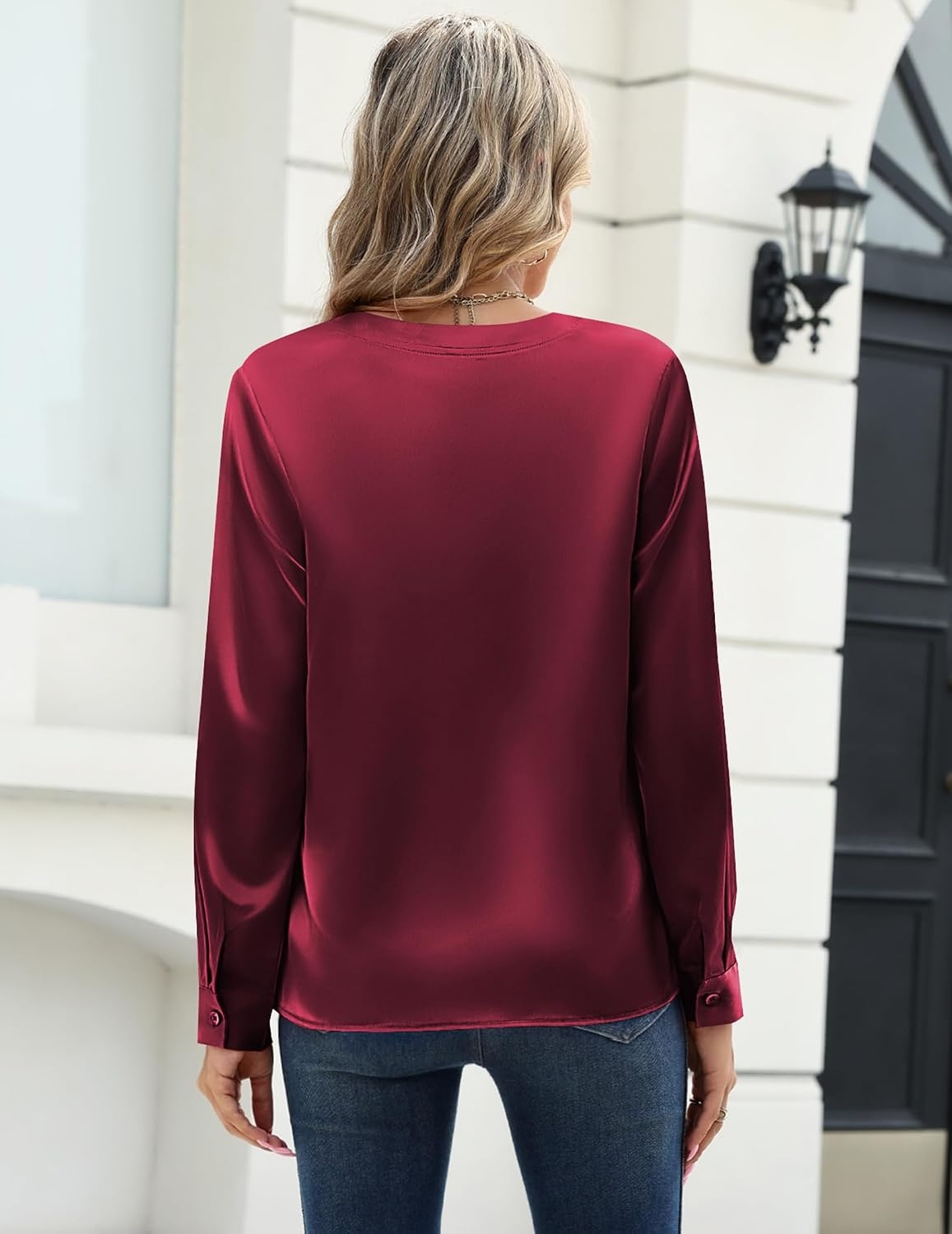 image:imageZeagoo Satin Blouses for Women Silk Tops Long Sleeve Shirts Fall ClothesWine Red