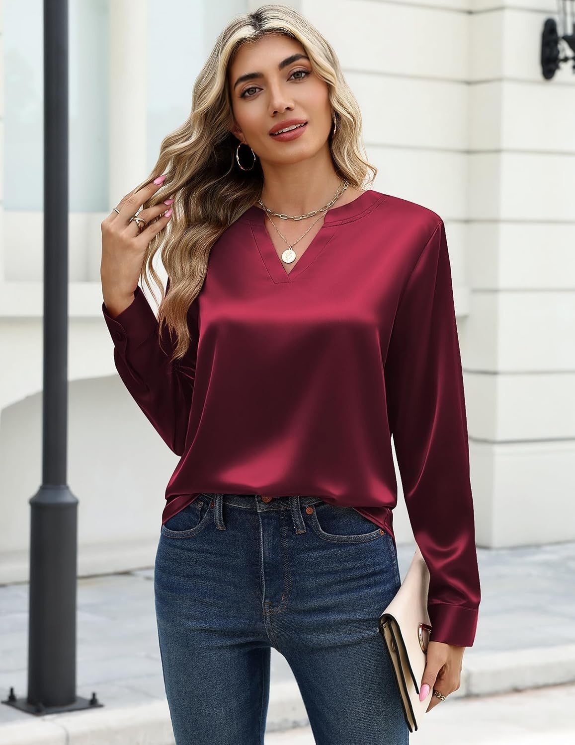 image:imageZeagoo Satin Blouses for Women Silk Tops Long Sleeve Shirts Fall ClothesWine Red