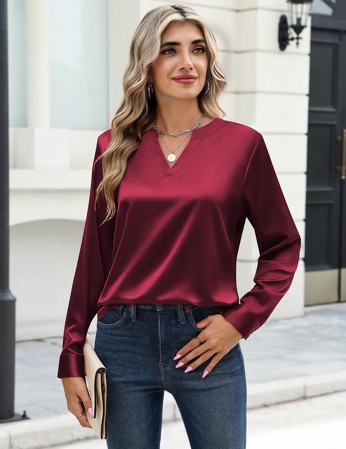 image:imageZeagoo Satin Blouses for Women Silk Tops Long Sleeve Shirts Fall ClothesWine Red