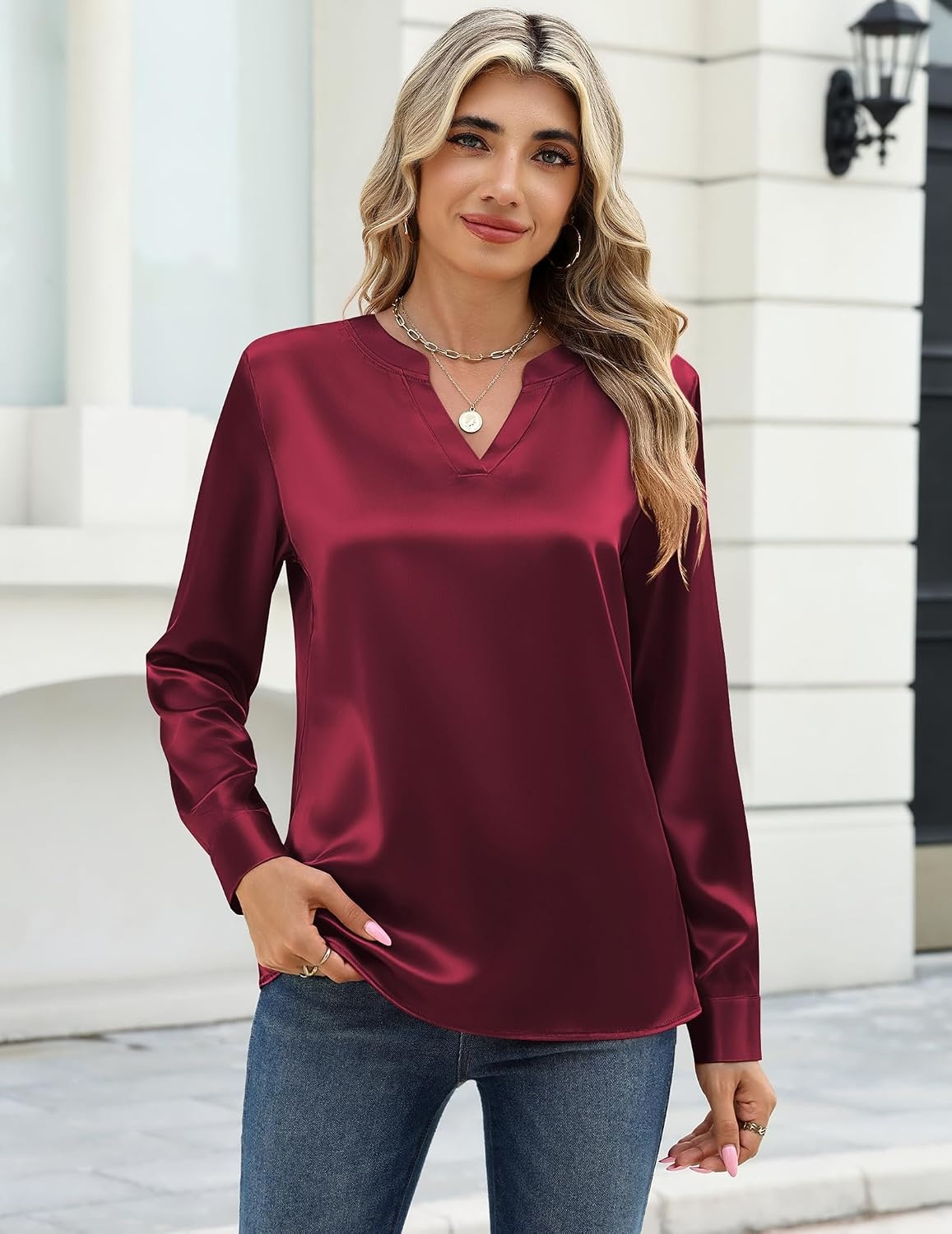 image:imageZeagoo Satin Blouses for Women Silk Tops Long Sleeve Shirts Fall ClothesWine Red