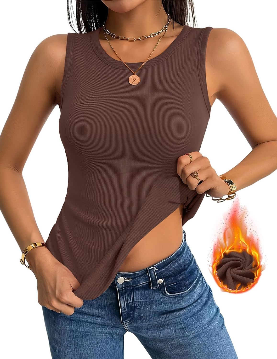 image:imageZeagoo Tank Tops for Women Thermal Underwear Fall Cute Sleeveless ShirtsBrown