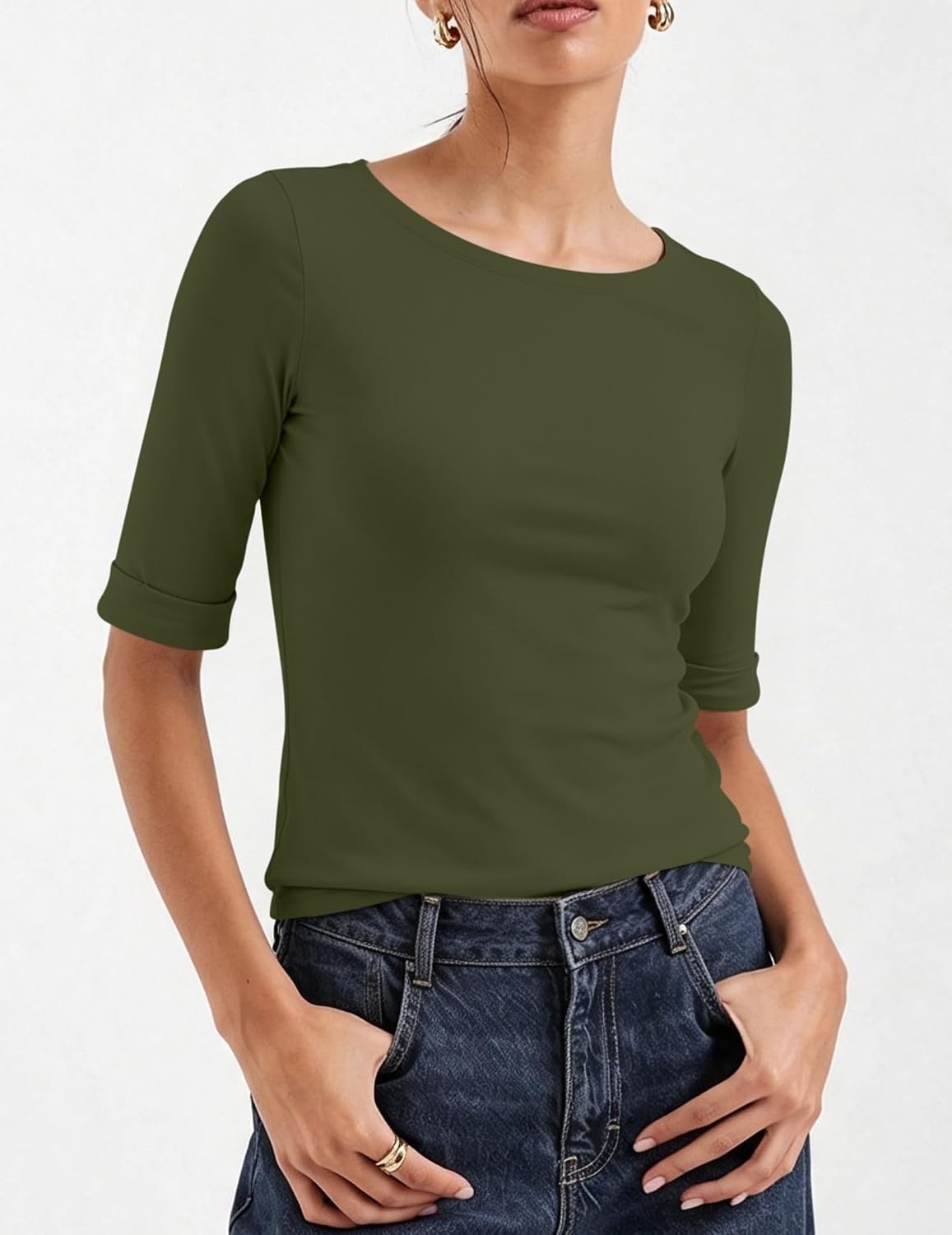 image:imageZeagoo Womens Half Sleeve Tops Boat Neck Tee Shirt Business Casual BlousesArmy Green