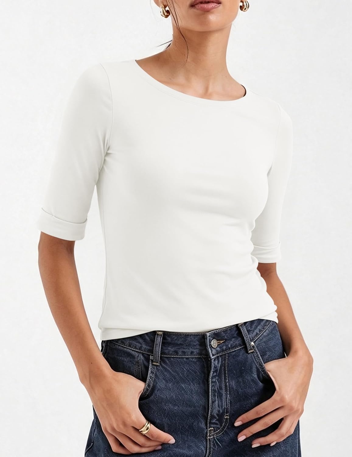 image:imageZeagoo Womens Half Sleeve Tops Boat Neck Tee Shirt Business Casual BlousesAwhite