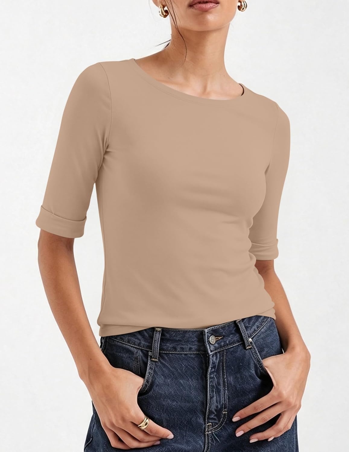 image:imageZeagoo Womens Half Sleeve Tops Boat Neck Tee Shirt Business Casual BlousesBrown
