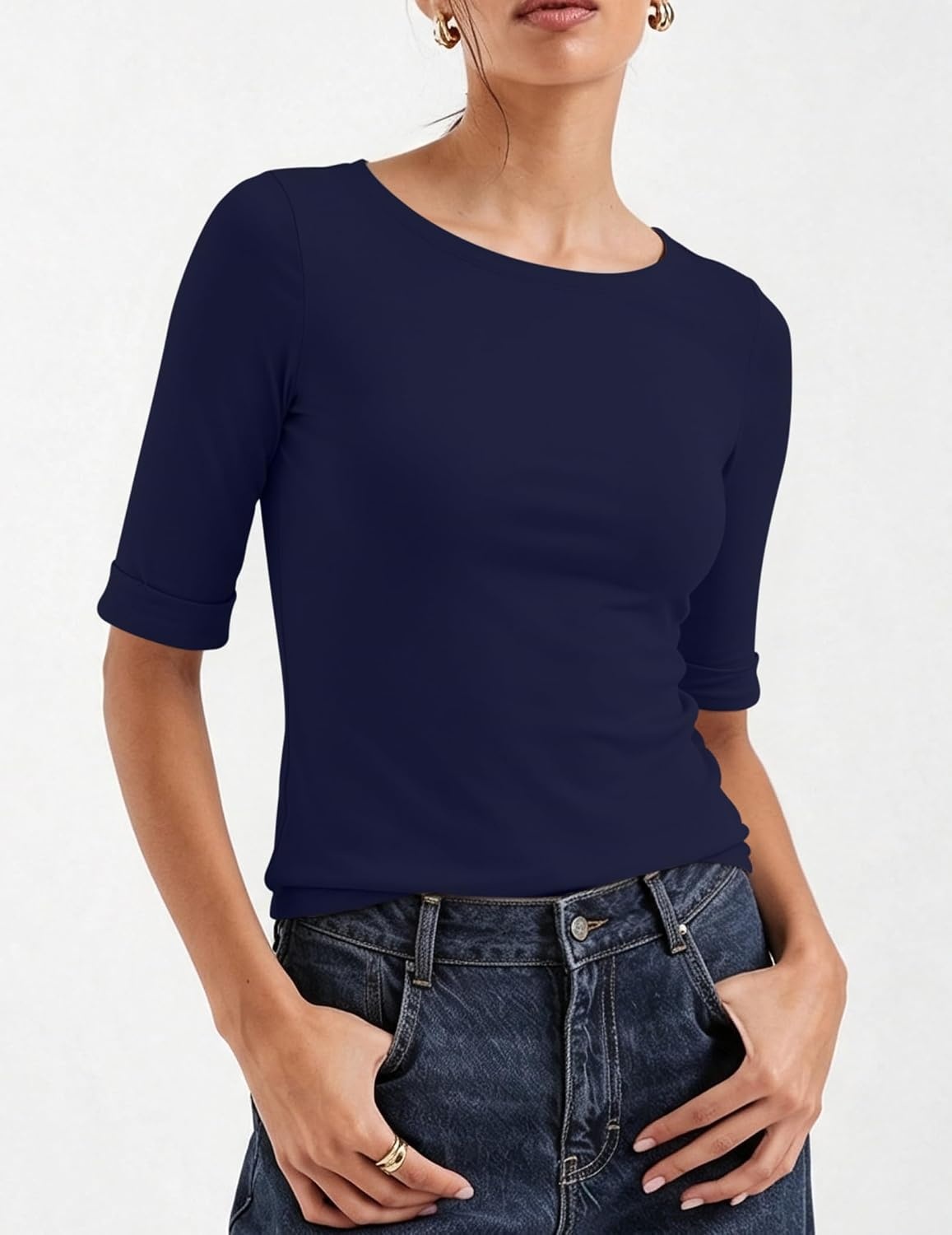 image:imageZeagoo Womens Half Sleeve Tops Boat Neck Tee Shirt Business Casual BlousesNavy Blue