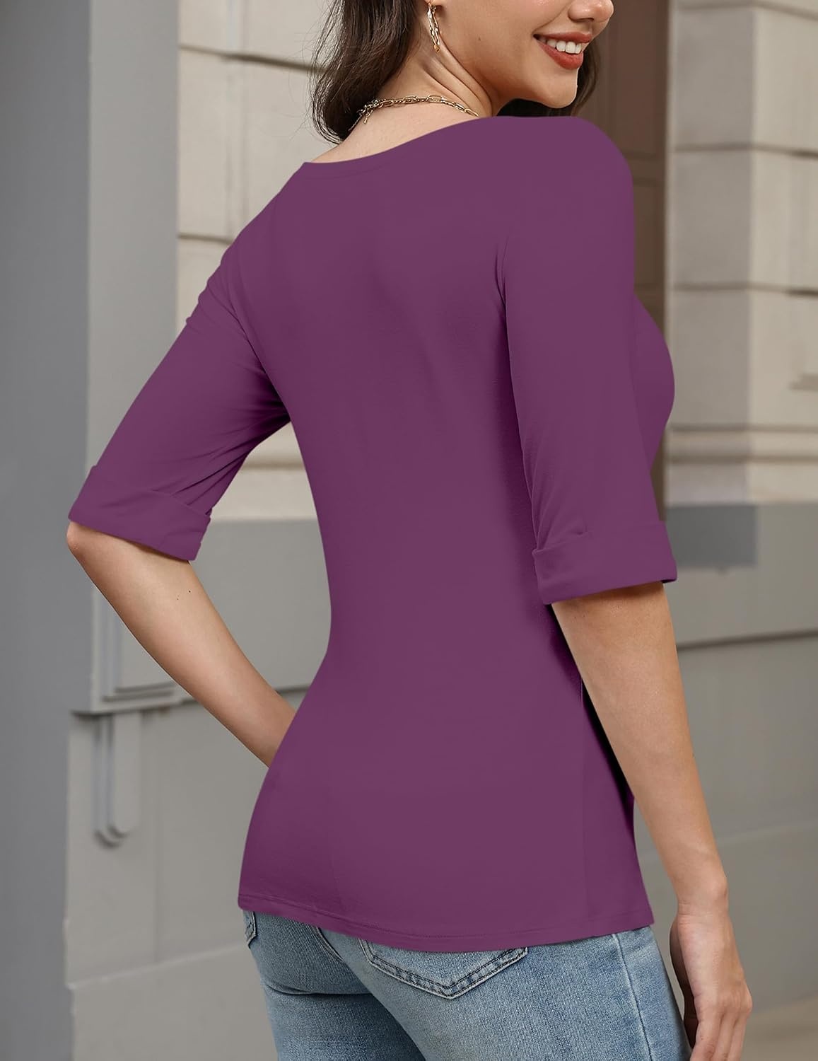 image:imageZeagoo Womens Half Sleeve Tops Boat Neck Tee Shirt Business Casual BlousesPlum