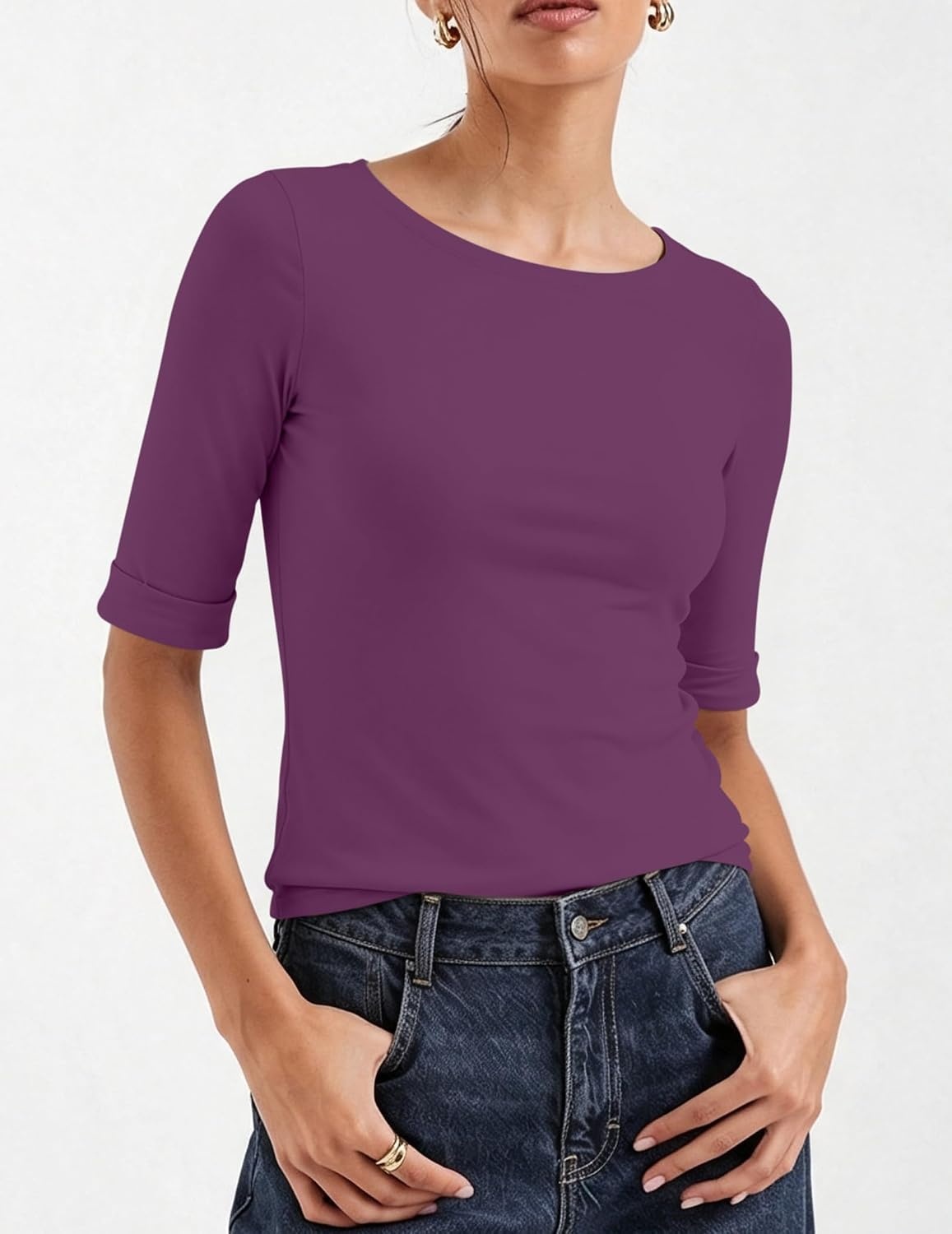 image:imageZeagoo Womens Half Sleeve Tops Boat Neck Tee Shirt Business Casual BlousesPlum