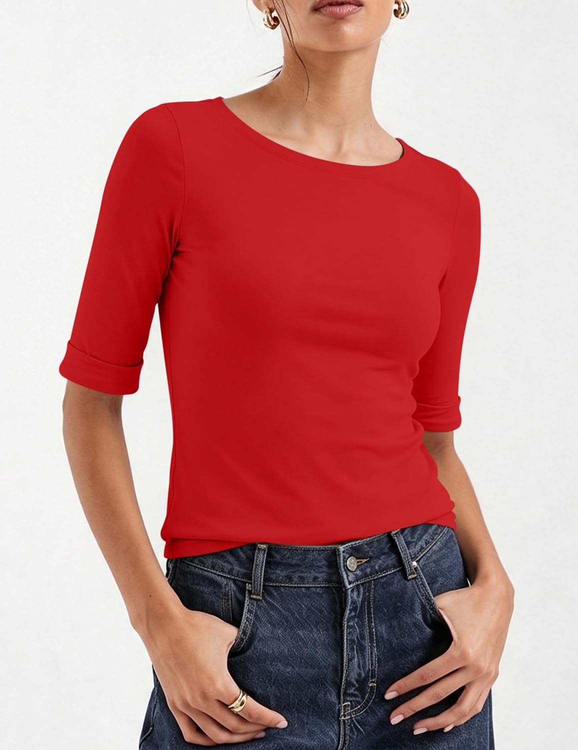 image:imageZeagoo Womens Half Sleeve Tops Boat Neck Tee Shirt Business Casual BlousesRed