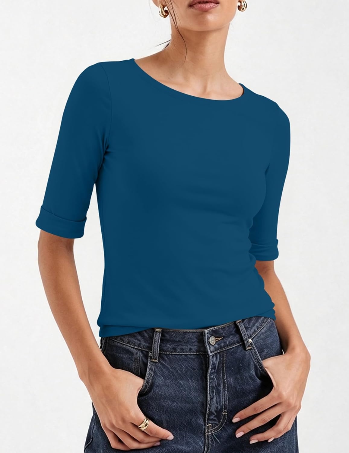 image:imageZeagoo Womens Half Sleeve Tops Boat Neck Tee Shirt Business Casual BlousesTeal