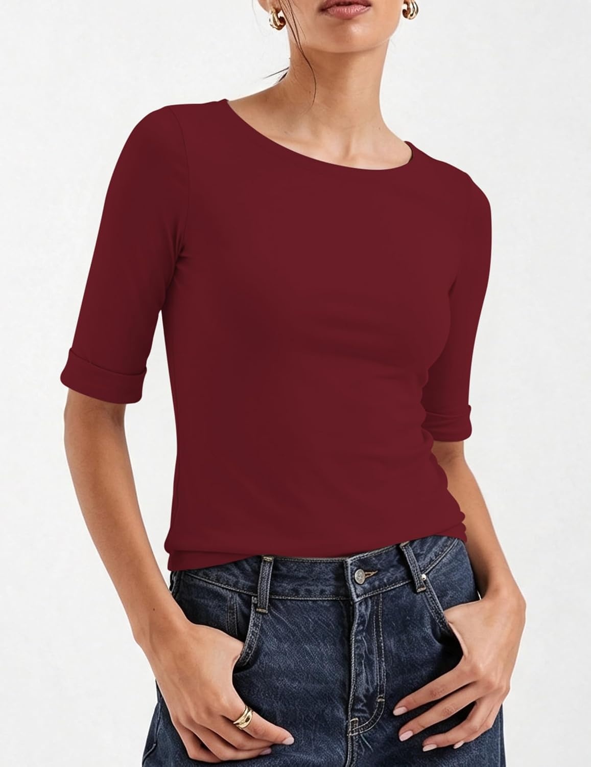 image:imageZeagoo Womens Half Sleeve Tops Boat Neck Tee Shirt Business Casual BlousesWine Red