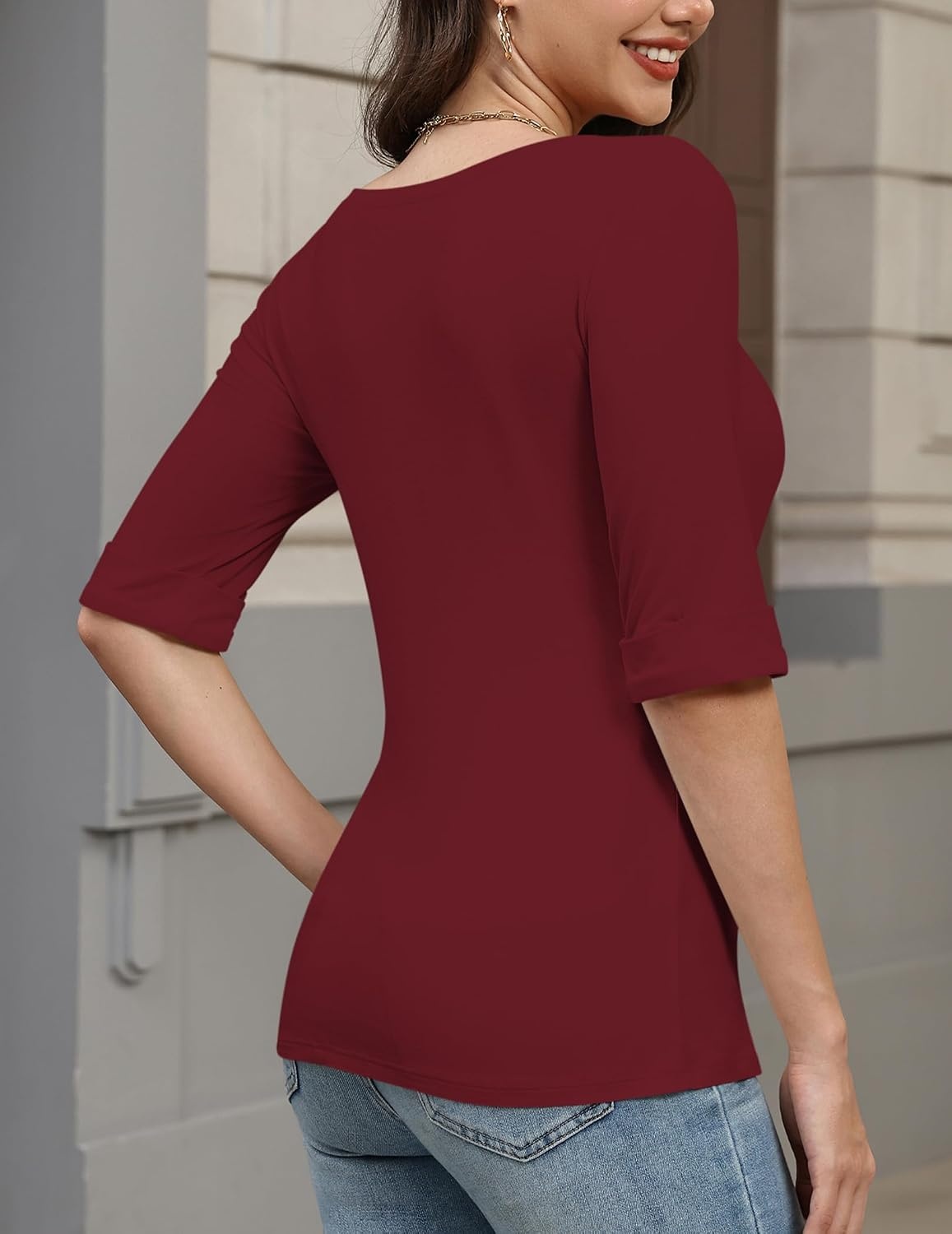 image:imageZeagoo Womens Half Sleeve Tops Boat Neck Tee Shirt Business Casual BlousesWine Red