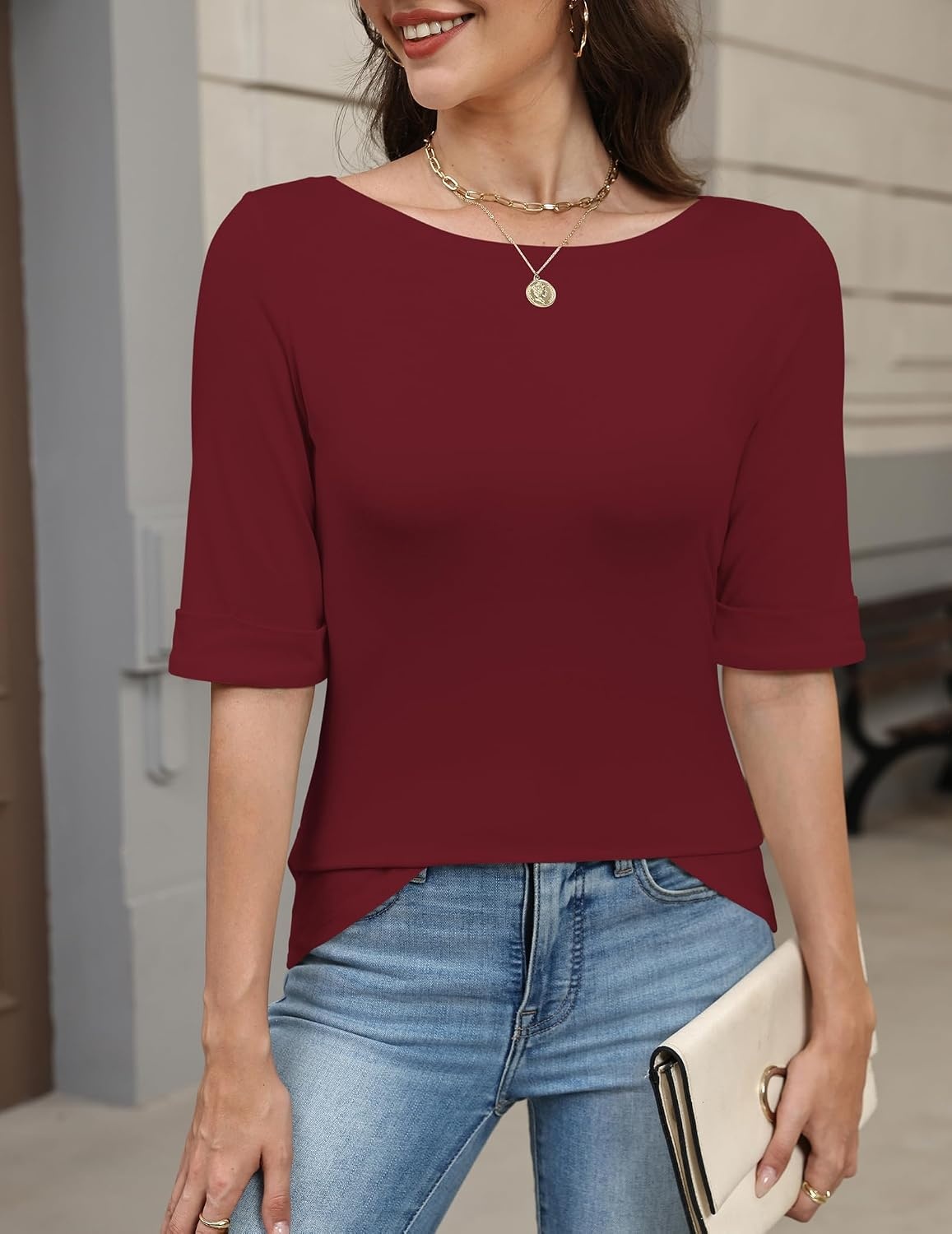 image:imageZeagoo Womens Half Sleeve Tops Boat Neck Tee Shirt Business Casual BlousesWine Red