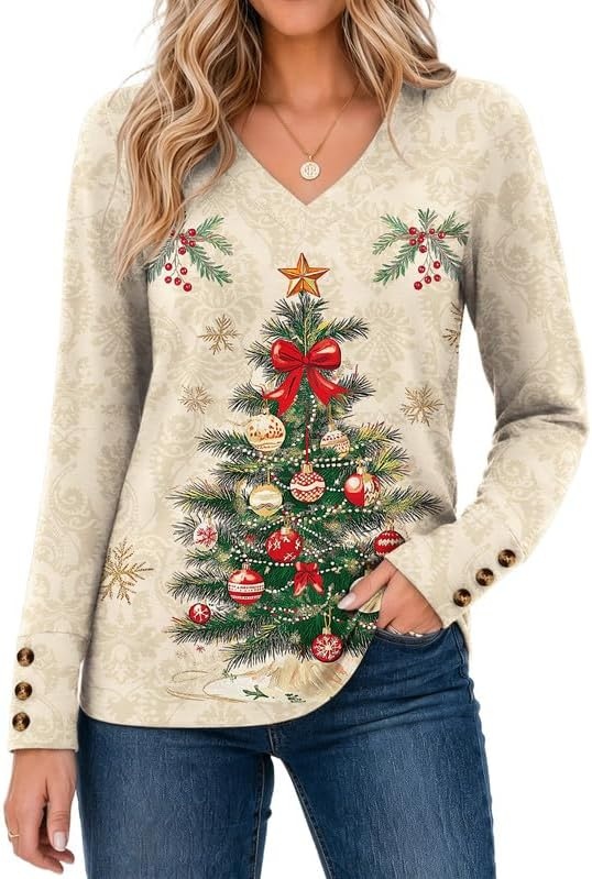 image:imageZeagoo Womens Long Sleeve Tops V Neck T Shirts Dressy Casual BlouseBeige Christmas