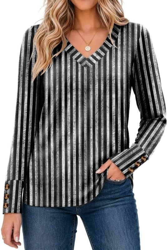 image:imageZeagoo Womens Long Sleeve Tops V Neck T Shirts Dressy Casual BlouseBlack Stripe