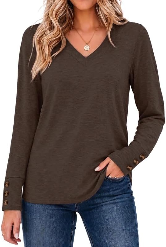image:imageZeagoo Womens Long Sleeve Tops V Neck T Shirts Dressy Casual BlouseBrown