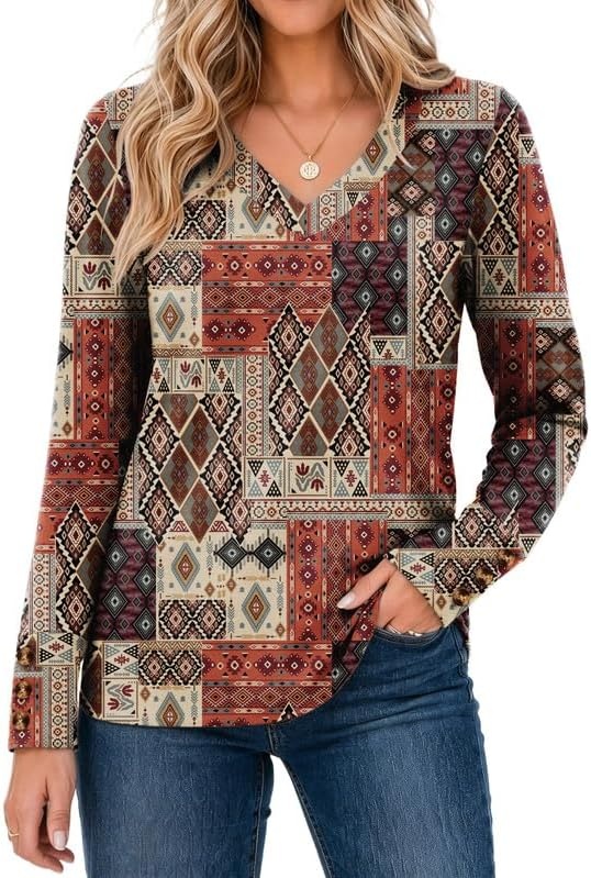 image:imageZeagoo Womens Long Sleeve Tops V Neck T Shirts Dressy Casual BlouseBrown Color