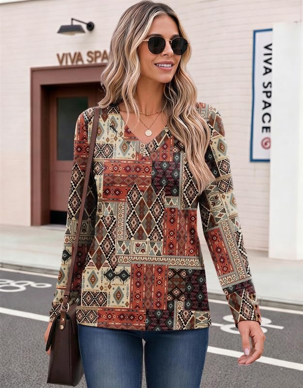 image:imageZeagoo Womens Long Sleeve Tops V Neck T Shirts Dressy Casual BlouseBrown Color
