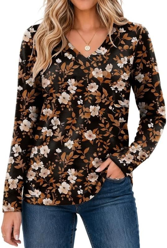 image:imageZeagoo Womens Long Sleeve Tops V Neck T Shirts Dressy Casual BlouseBrown Floral
